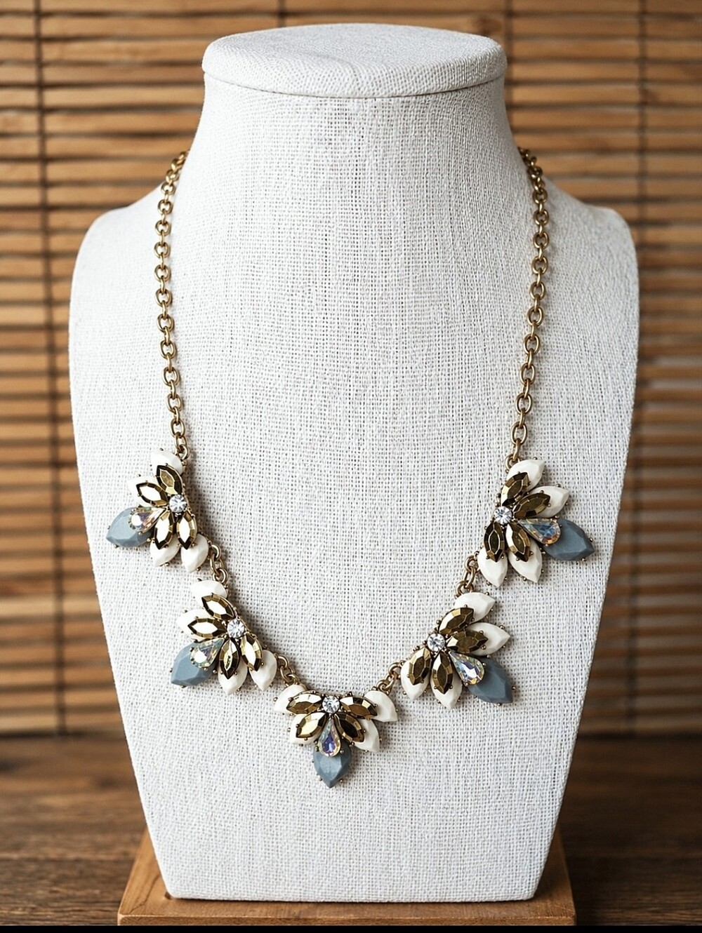 J. Crew Statement Gold Tone Iridescent Gold Stones Gray and White Necklace